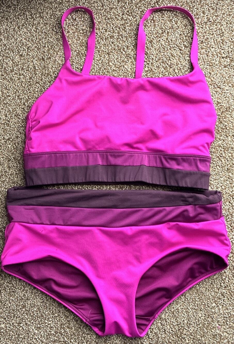 Athleta Chroma Colorblock Bandeau Bikini Top Matching Bottoms Fuschia Purple S